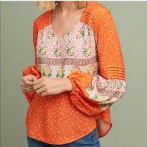 Anthropologie Maeve Ceresco Orange Floral Peasant Blouse NEW